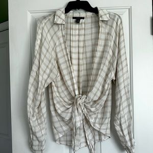 Forever 21 neutral plaid tie front shirt